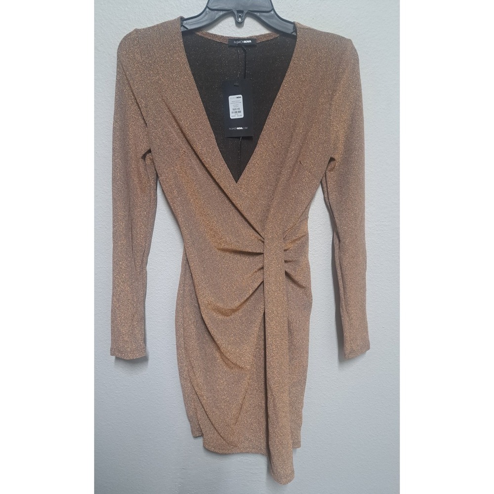 Fashion Nova Rose Gold Mini Dress XS Bodycon Glitter Long Sleeve V Neck NWT